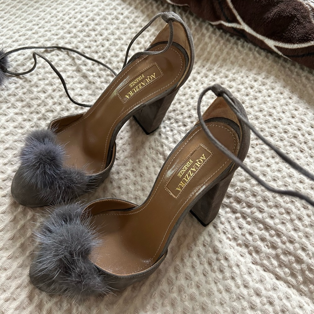 Grey Suede Aquazzura Pom Pom Block Heel Size 35 or 5